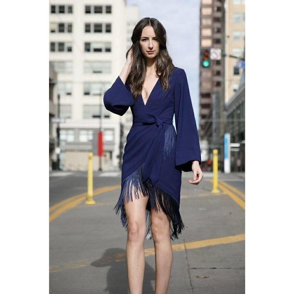 by egreis jocelyn navy blue fringe overlap long sleeve dress size small